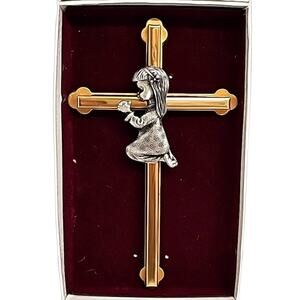 Camco Vintage Praying Girl on a Cross Crucifix Pewter Gold Wall Hanging Baptism